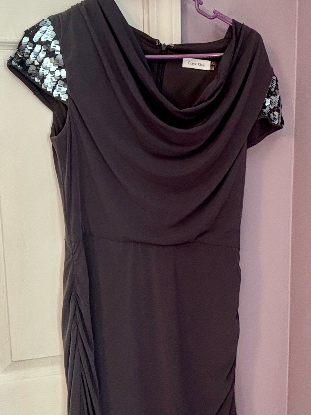 Calvin Klein charcoal grey Cowl Neck Dress with Sequin Sleeves. Size 6